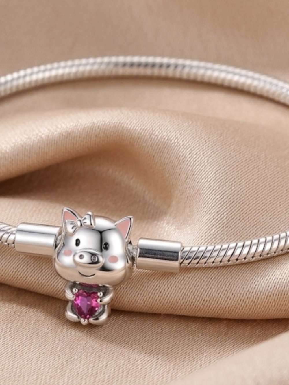 Silver Pig Charm Bracelet Pendant with Pink Crystal
